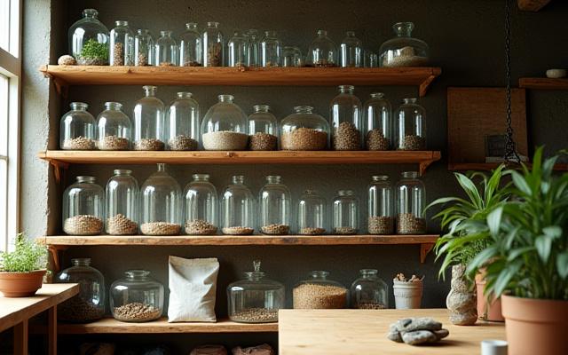 Shelves filled with various clear glass containers and tools for terrarium making
