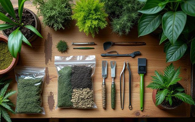 Workbench scattered with terrarium tools, bags of soil, moss, and small plants