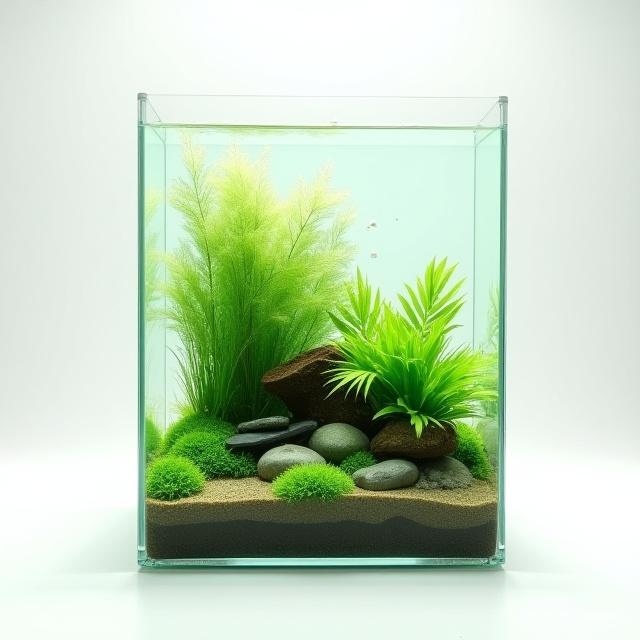 'Aquatic Dream', a meticulously crafted aquatic botanical sculpture with submerged plants and clear water, resembling an underwater landscape.