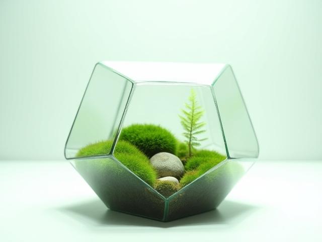 Hexagonal geometric terrarium with moss and ferns