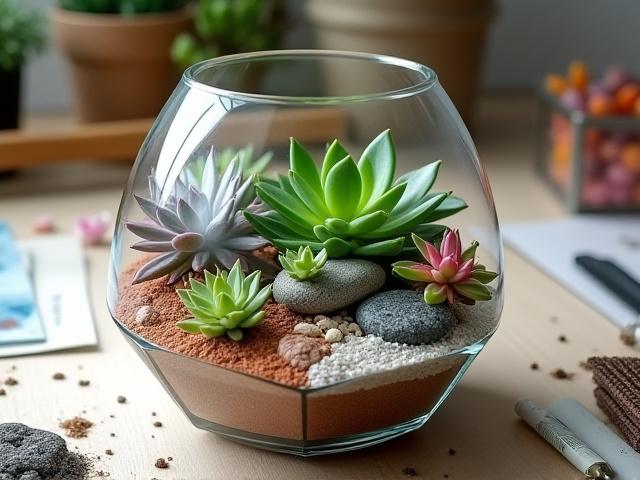 An open-top desktop terrarium with colorful succulents and artistic stone placement.