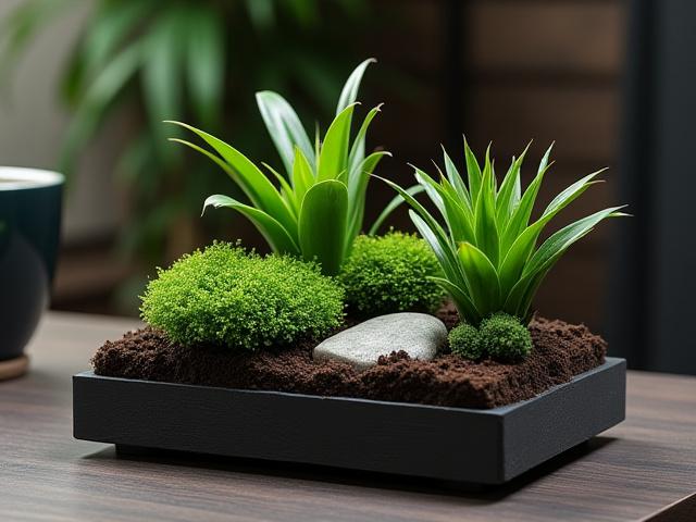 A sophisticated, larger desktop terrarium in a dark wood base with several lush, small plants.