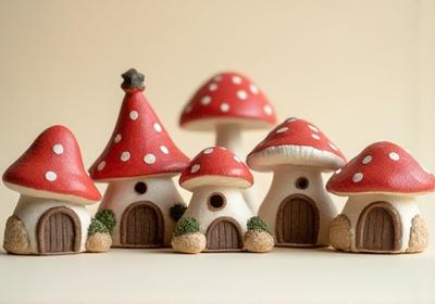 Selection of miniature fairy houses and mushroom caps