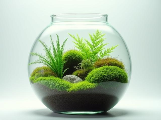 Lush closed terrarium with diverse small plants and miniature landscape