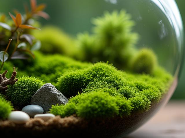 Detailed moss terrarium showcasing various textures of green moss and small stones