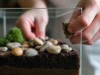 Skillful hands placing small, natural river stones and a piece of petrified wood into a terrarium base.
